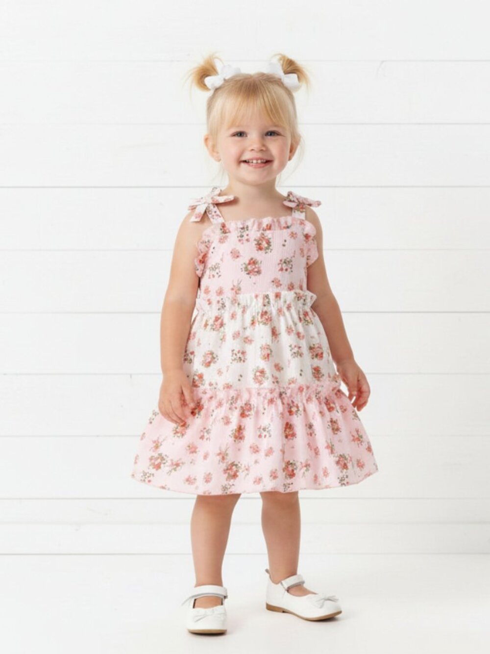 Girl's Cream & Pink Cottage Rose Layered Dress, NWT